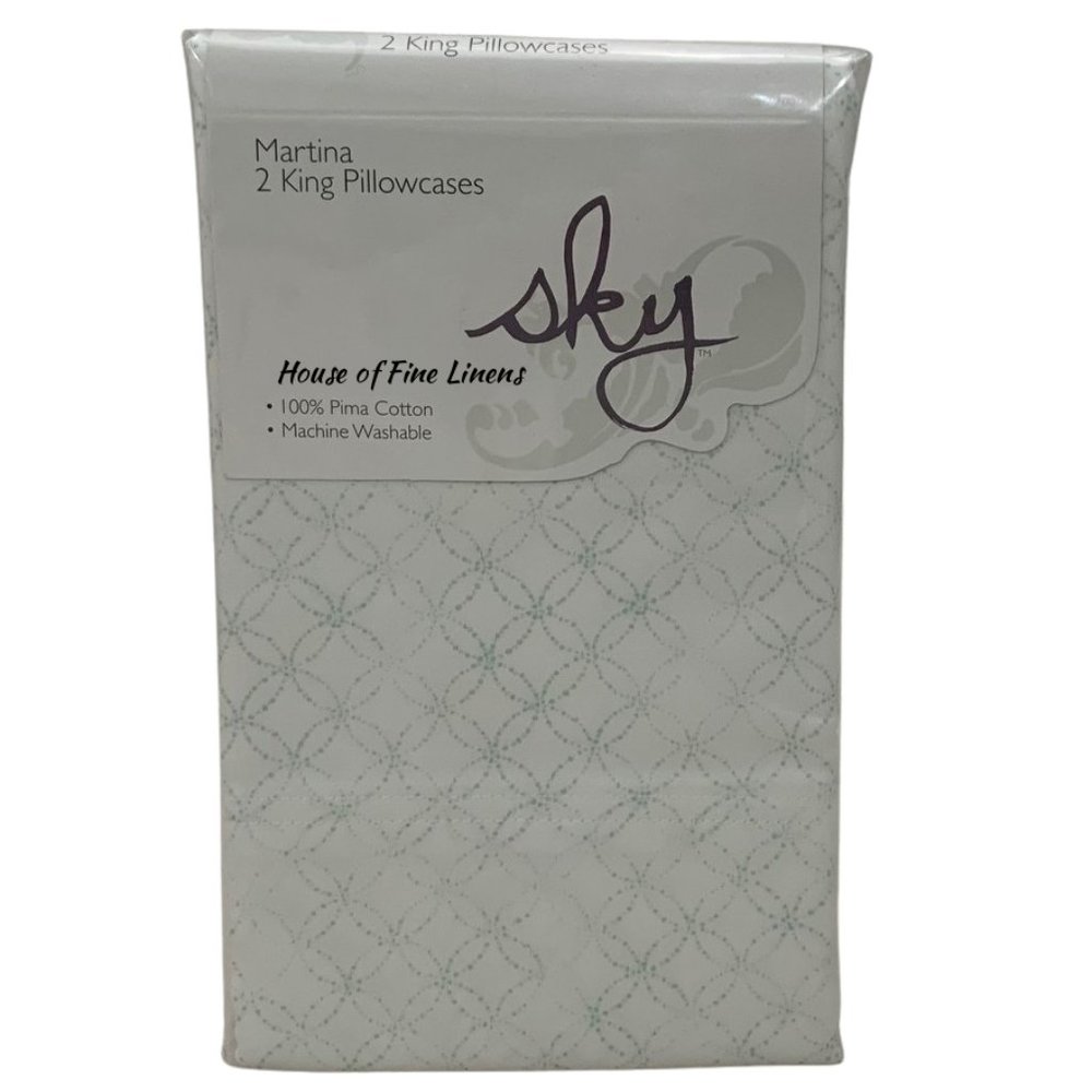 Sky Martina King Pillowcases Pair 300 Thread Count 100% Pima Cotton Ivory Mint
